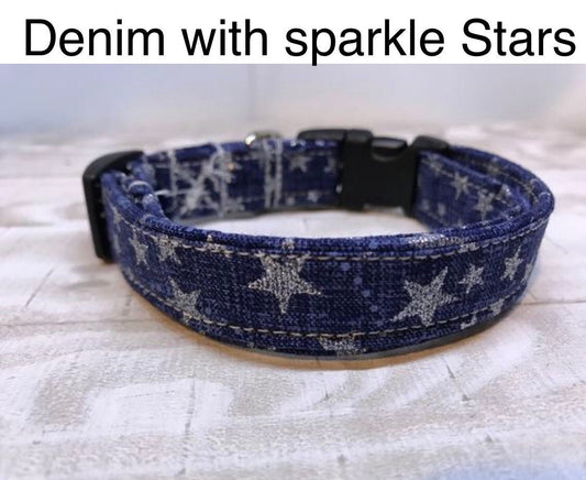 Denim star Dog Collar, girl dog collar, boy dog collar, dog collar, adjustable collar, buckle dog collar, denim blue, denim, stars, sparkle