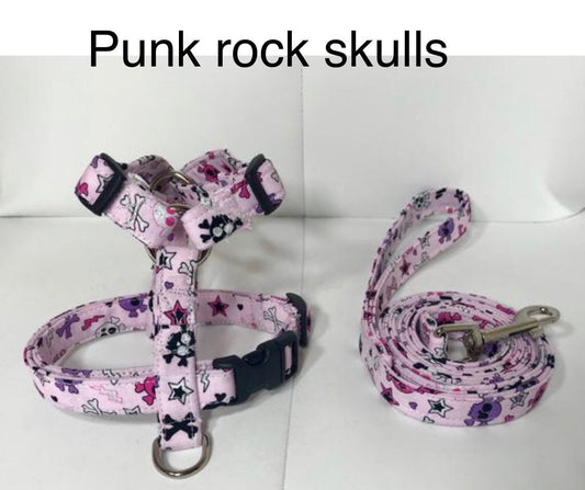 Dog harness, Harness and leash, step in harness, standard harness, dog harness set, dog halter,  pink, punk, rocker, girly skulls, sparkles