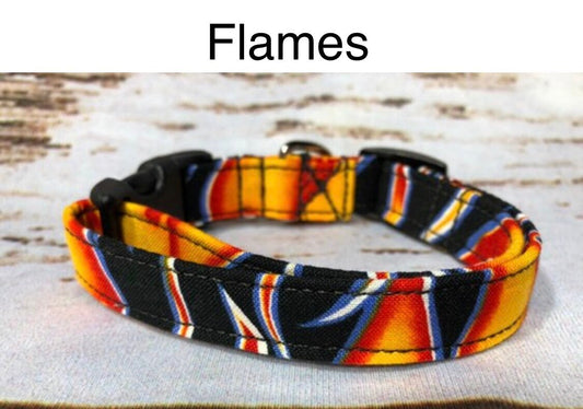 Flame dog collar, fire dog collar, adjustable collar, washable, side release collar, fabric dog collar, black, red, orange, boy collar, fire