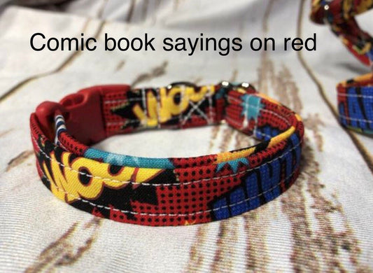 Comic book dog collar, red dog collar, adjustable dog collar, side release collar, fabric dog collar, washable, red, comic book theme