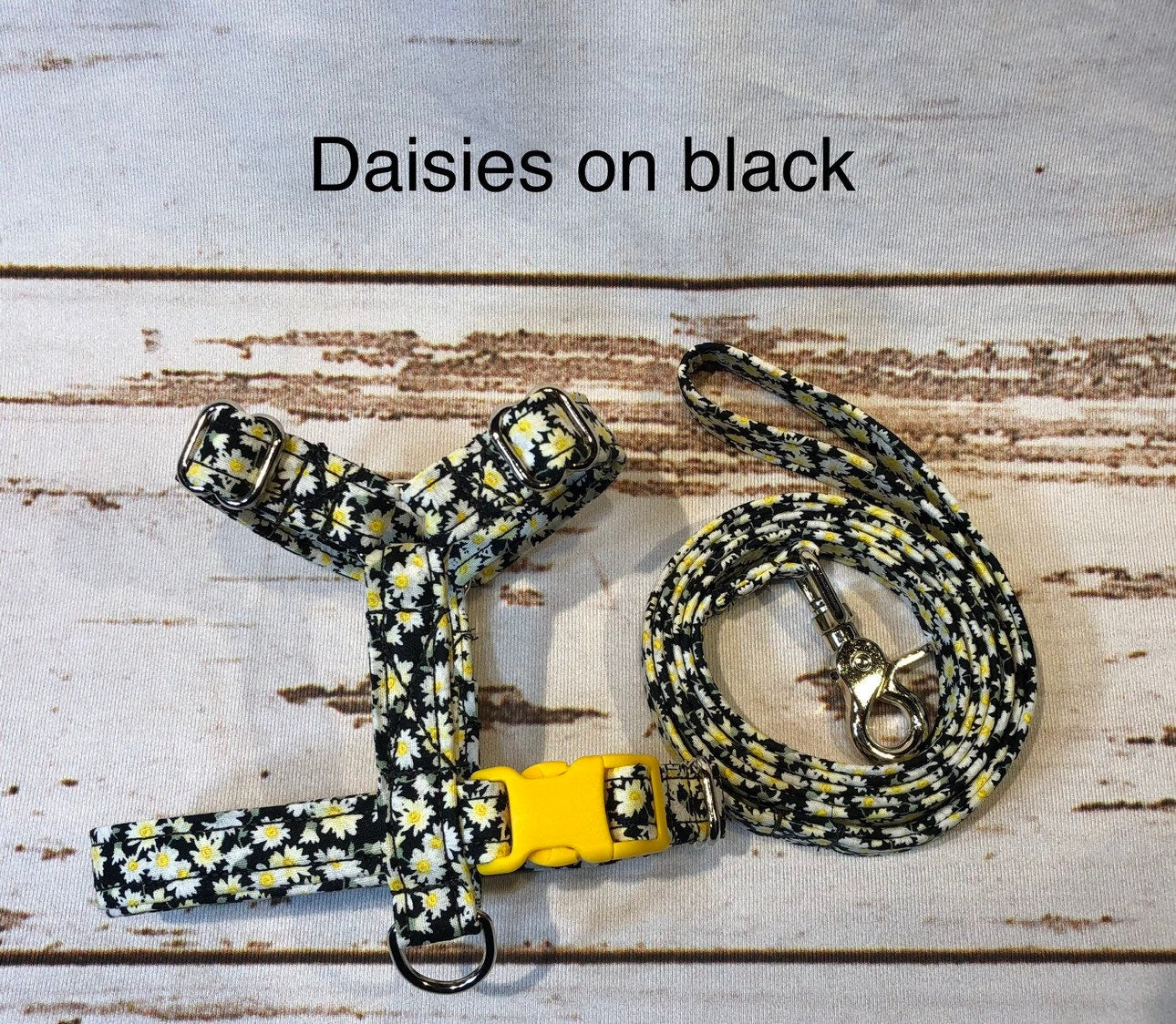 Dog harness, harness leash set, step in harness, standard harness, matching leash, adjustable harness, daisy dog harness, daisies on black