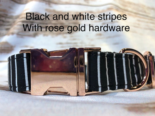 Dog Collar, adjustable collar, striped dog collar, rose gold buckle, striped dog collar, rose gold hardware, buckle dog collar, black stripe