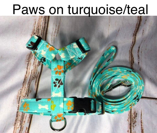 Dog Harness, harness and leash, leash, step in harness, standard harness, dog harness set, adjustable harness, aqua, teal, paws, bones,