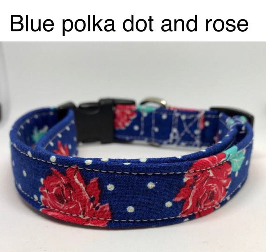 Dog Collar, girl dog collar, floral dog  collar, side release collar, adjustable collar, buckle dog collar, blue, polka dots, roses, rose