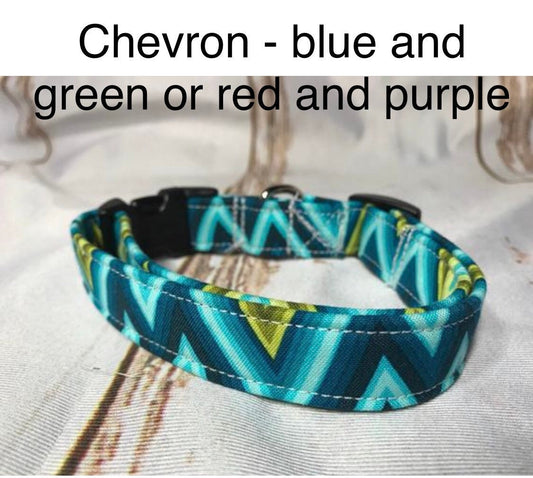 Chevron dog collar, adjustable collar, side release collar, washable, blue and green chevron, red and purple chevron, boy, girl, unisex