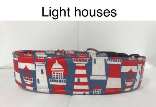Light house dog collar, wide dog collar, light houses, red, gray, white, washable, adjustable, fabric dog collar, side release buckle