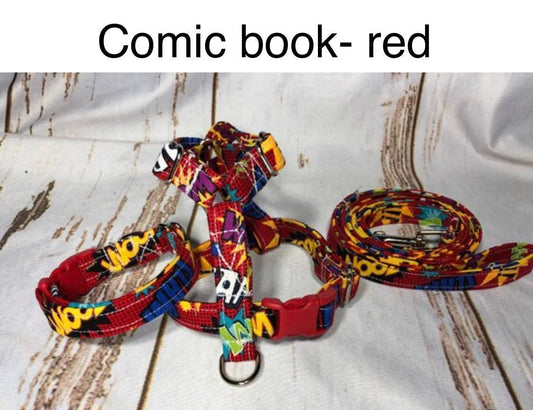 Comic book dog harness and leash set, matching leash, standard roman dog harness, step in dog harness, handmade dog harness, adjustable pet harness, washable pet harness