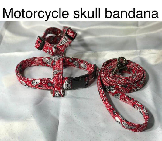 Dog harness, Harness and leash, step in harness, standard harness, dog harness set, adjustable, Biker, skull, motorcycle, flame, bandana