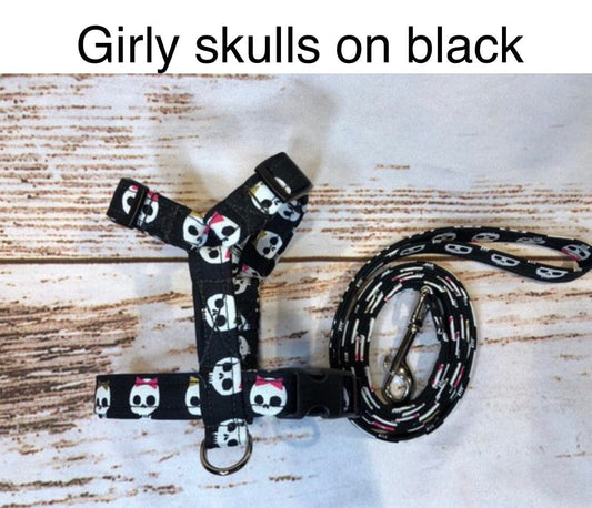 Dog harness, Harness and leash, step in harness, standard harness, dog leash, dog harness set, skulls, skulls with bows, girly skulls