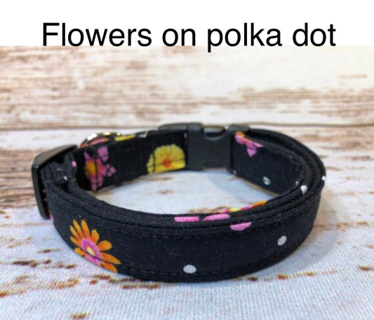 Daisy dog collar, black dog collar, adjustable collar, girl dog collar, washable collar, side release collar, fabric dog collar, daisies