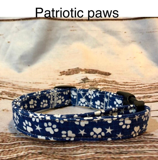 Patriotic paws dog collar, blue dog collar, dog paws, stars, side release collar, adjustable collar, fabric dog collar, washable, blue, dog