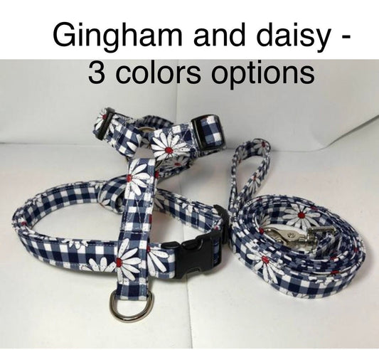 Gingham and daisies dog Harness and leash set, step in harness, standard harness, dog harness set, gingham, dog harness girl, daisies, blue, red, yellow