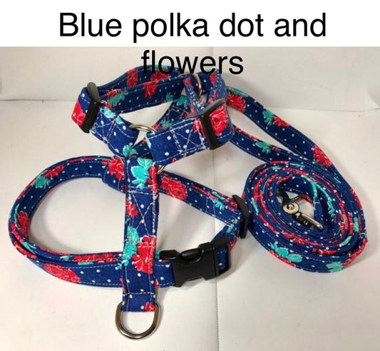 Dog harness, Harness and leash, step in harness, standard harness, dog harness set, dog halter, dog harness girl, blue, polka dot, roses