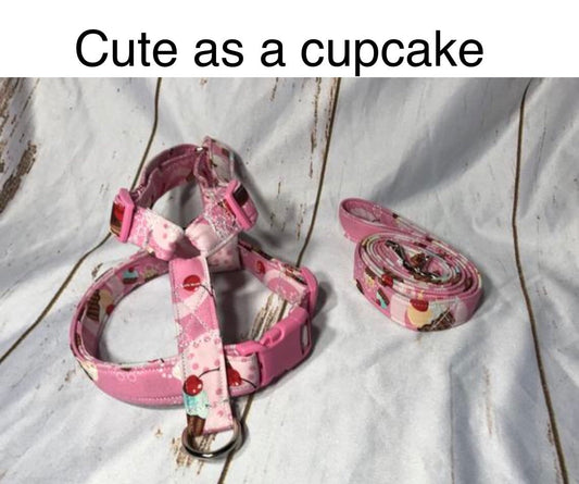 Dog harness, Harness and leash, step in harness, standard harness, dog halter, dog harness set, girl, pink, cupcakes, treats, cute cupcakes