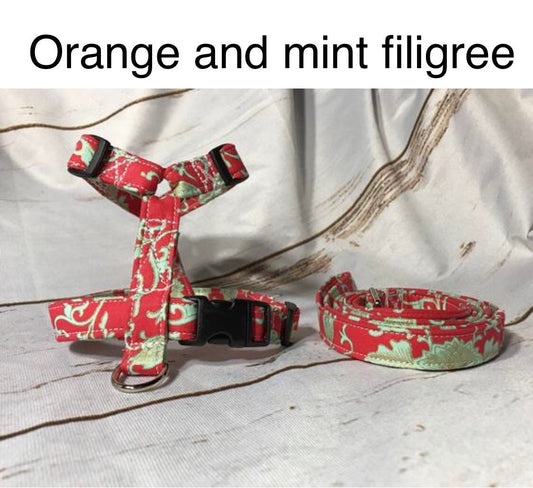 Orange and mint dog harness and leash set, standard roman dog harness, step in dog harness, girl dog harness, handmade dog harness, adjustable harness, washable