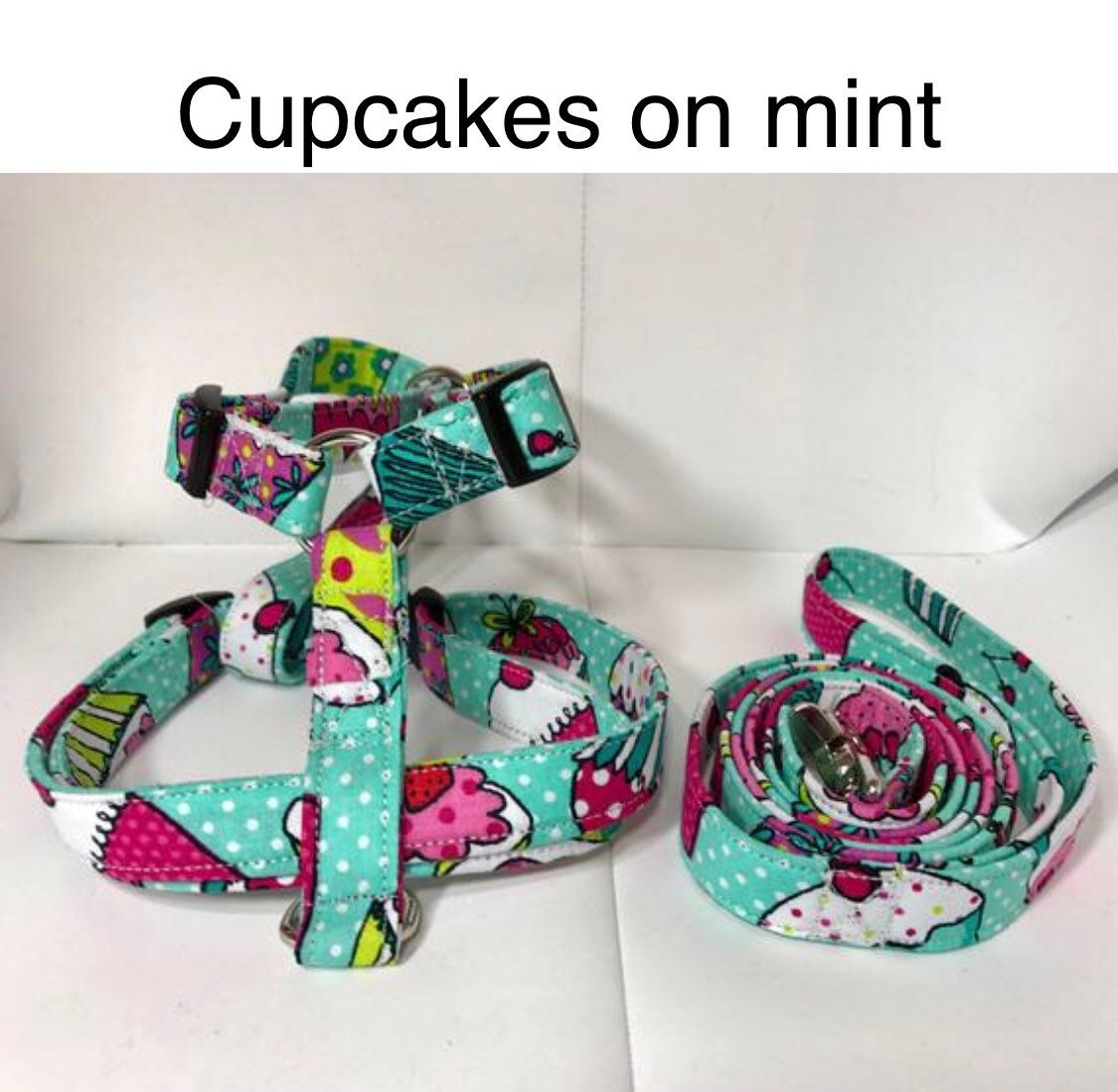 Dog harness, Harness and leash, step in harness, standard harness, dog harness set, dog halter, girl, mint green, cupcakes, cute cupcakes