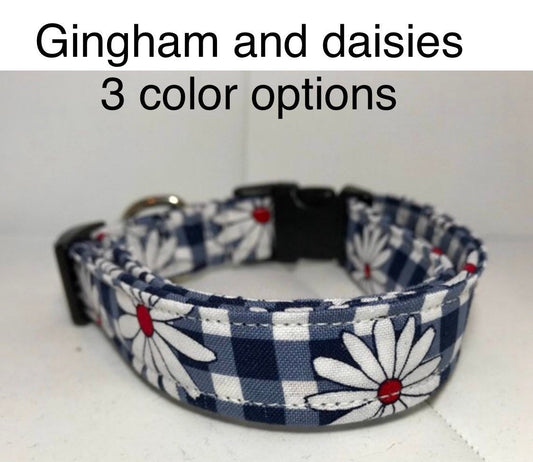 Gingham dog collar, daisy dog collar, adjustable, washable, eco friendly, side release collar, red, blue, yellow, daisies, girl dog collar