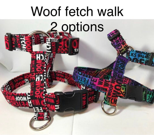 Dog harness, Harness and leash, step in harness, standard harness, adjustable harness, tie dye, red and white, woof, walk, fetch print