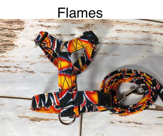 Dog harness, Harness and leash, step in harness, standard harness, adjustable harness, dog harness set, boy dog harness, flames, fire