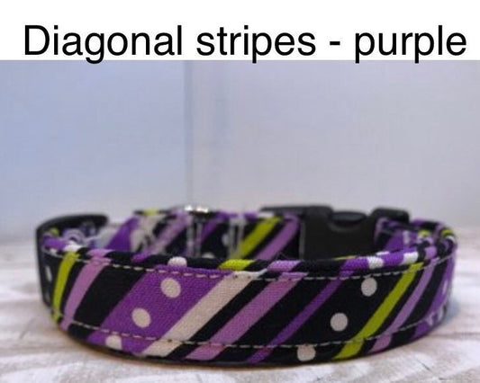 Dog Collar, girl dog collar, boy dog collar, striped collar, adjustable collar, buckle dog collar, purple, green, diagnonal, stripes