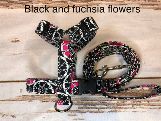 Dog harness, harness and leash, step in harness, standard harness, dog harness set, adjustable harness, floral, Black and fuchsia flowers