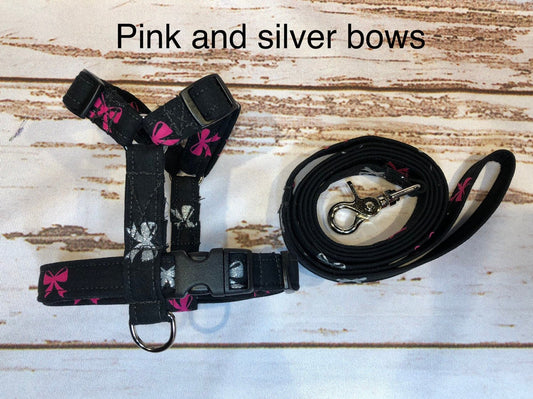 Dog harness, Harness and leash set, step in harness, standard harness, dog leash, pink, silver, bows, dog harness girl, dog harness black