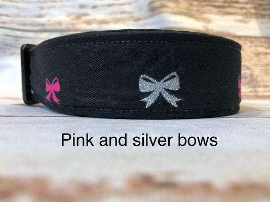 Bow dog collar, black dog collar, pink, silver, girly dog collar, sparkles, adjustable, washable, eco friendly, side release collar, black
