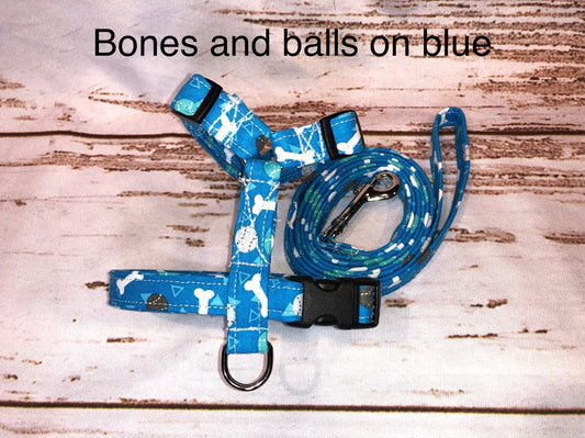 Dog harness, Harness and leash, step in harness, dog harness set, standard harness, roman dog harness, adjustable, bones, balls, blue