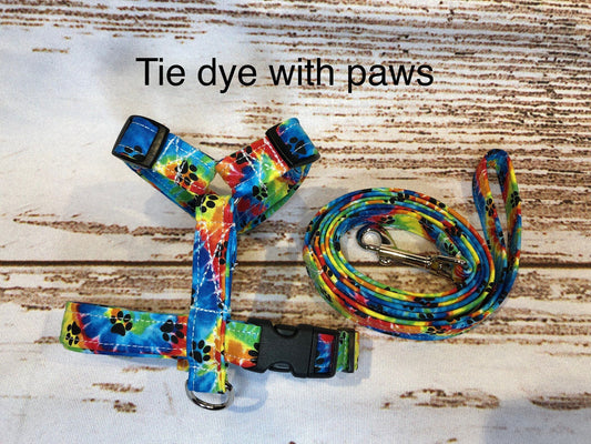 Dog harness, Harness and leash, step in harness, standard harness, dog harness set, tye die, hippy, tie dye harness, paws, tie dye print