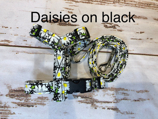 Dog harness, harness leash set, step in harness, standard harness, matching leash, adjustable harness, daisy dog harness, daisies on black