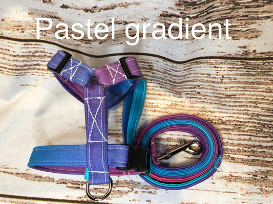 Dog harness, Harness and leash, step in harness, standard harness, adjustable harness, pastel dog harness, pink, purple, blue, gradient