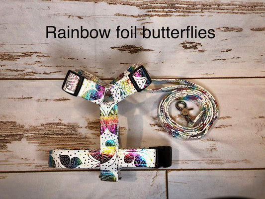 Dog harness, Harness and leash, step in harness, dog harness set, standard harness, roman dog harness, adjustable, rainbow butterflies