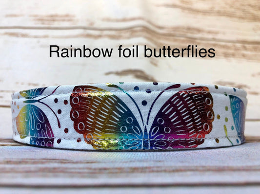 Butterfly dog collar, rainbow foil butterflies, side release dog collar, adjustable collar, fabric dog collar, white, butterflies, washable