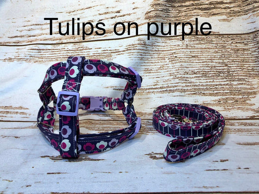 Dog harness, Harness and leash, step in harness, standard harness, dog harness set, adjustable harness, floral dog harness, tulips, purple