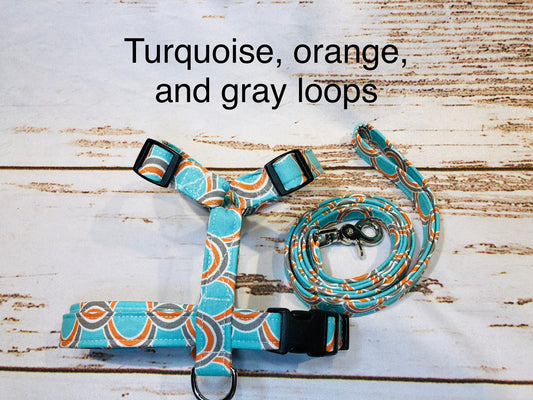 Dog harness, Harness and leash, step in harness, standard harness, adjustable harness, dog harness set, orange, turquoise, gray