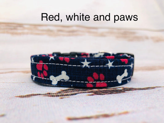 Dog Collar, boy dog collar, adjustable collar, side release collar, buckle dog collar, patriotic dog collar, stars, blue, paws, white stars