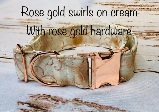 Rose gold swirl dog collar, cream and rose gold, pretty dog collar, fancy dog collar, rose gold, side release collar, adjustable collar