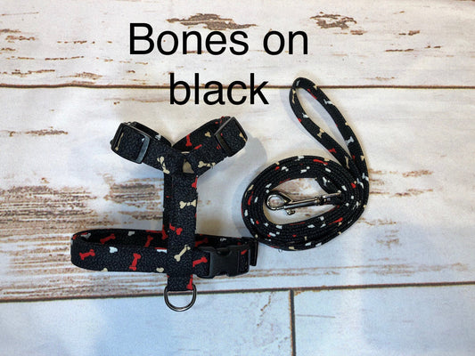 Dog harness, Harness and leash, step in harness, standard harness, adjustable harness, leash,  boy dog harness, bones on black, bone print