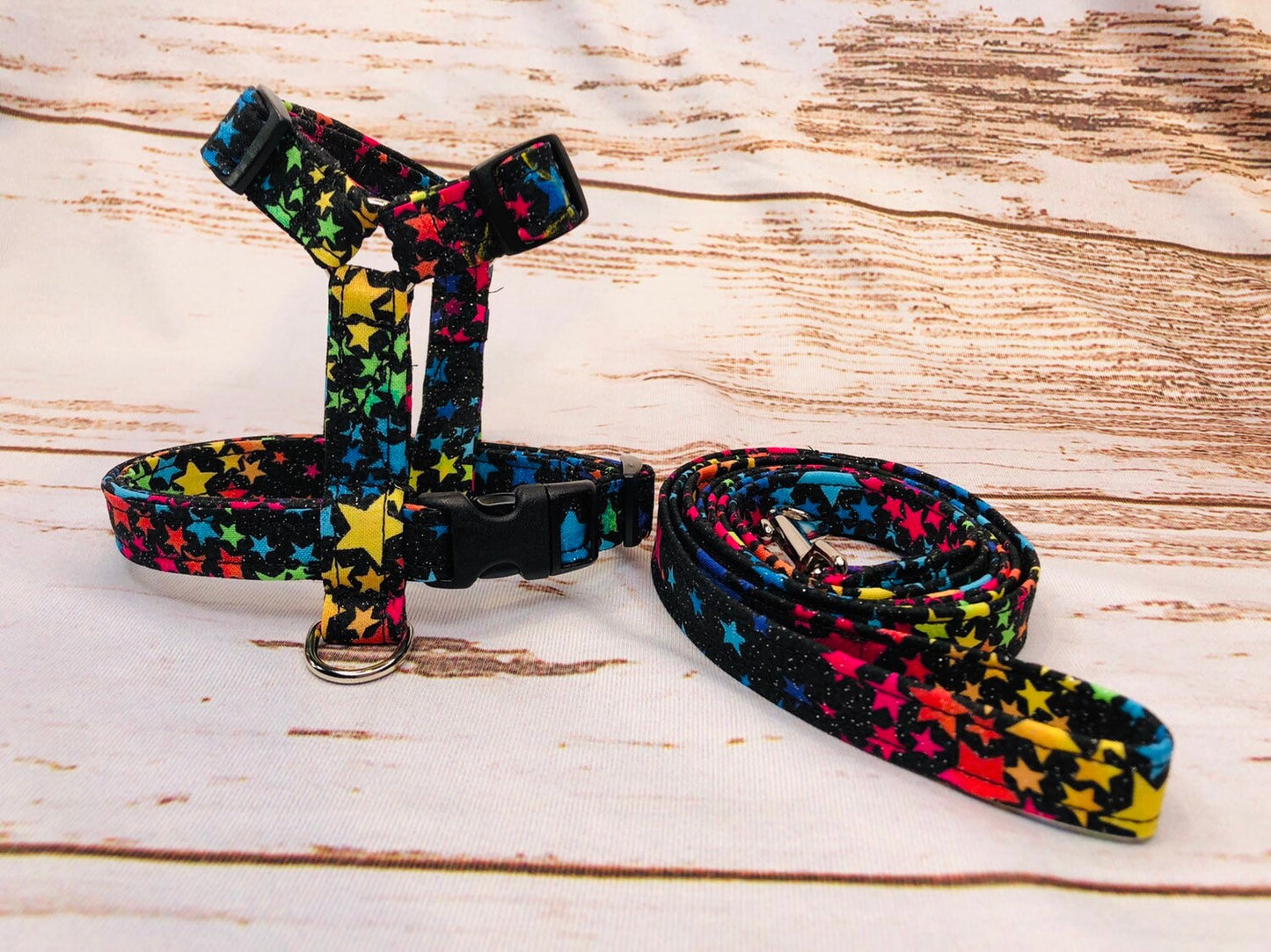 Dog harness, Harness and leash, step in harness, standard harness, dog halter, dog harness set, dog halter, female, neon stars, sparkles