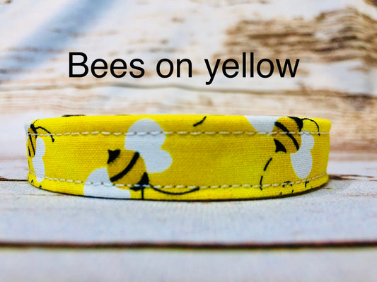 Dog Collar, bee dog collar, side release collar, adjustable collar, fabric dog collar, bumble bees, honey bee dog collar, yellow, honey bee