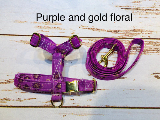 Dog harness, Harness and leash, step in harness, standard harness, dog harness set, brass hardware, floral dog harness, purple floral