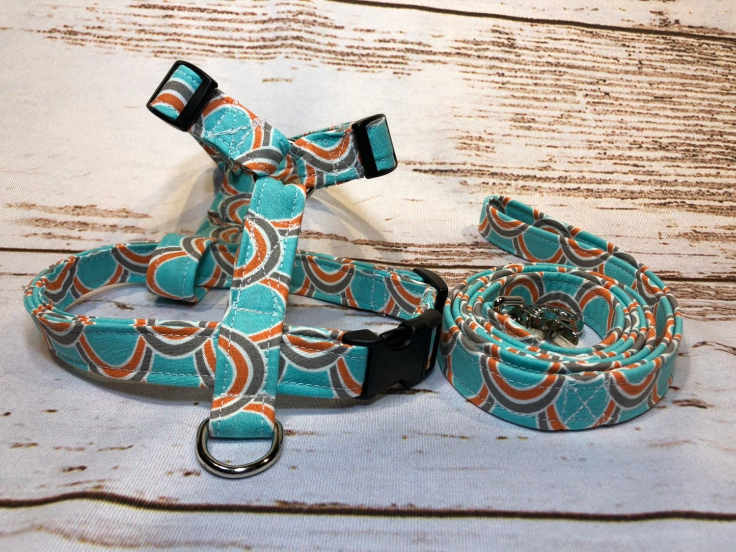 Dog harness, Harness and leash, step in harness, standard harness, adjustable harness, dog harness set, orange, turquoise, gray