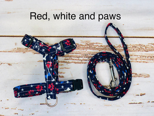 Dog harness, Harness and leash, step in harness, standard harness, dog harness set, patriotic, paw print, red white and blue, stars, paws