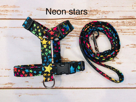 Dog harness, Harness and leash, step in harness, standard harness, dog halter, dog harness set, dog halter, female, neon stars, sparkles