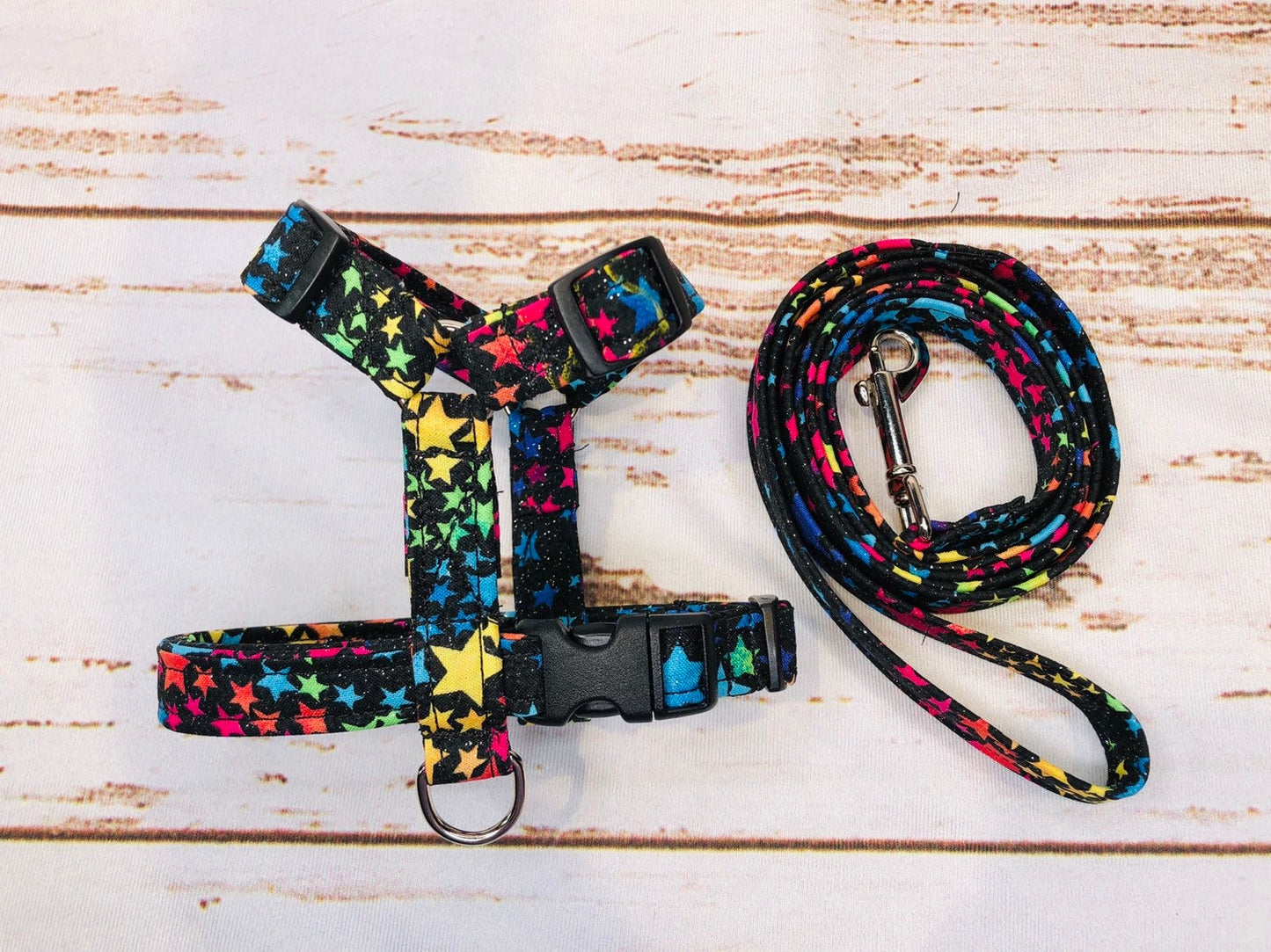 Dog harness, Harness and leash, step in harness, standard harness, dog halter, dog harness set, dog halter, female, neon stars, sparkles