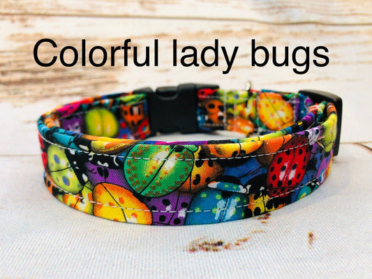 Lady bug dog collar, colorful dog collar, adjustable collar, side release dog collar, fabric dog collar, lady bugs, rainbow, washable collar