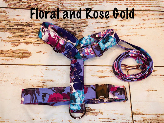 Dog harness, Harness and leash, step in harness, standard harness, dog harness set, rose gold, roses, rose gold hardware, floral, purple