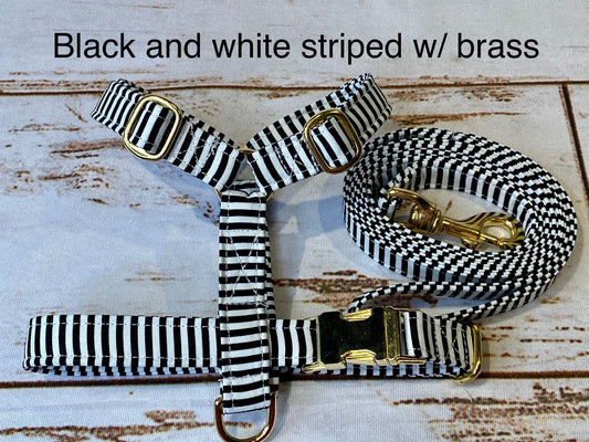 Dog harness, Harness and leash, step in harness, standard harness, dog harness set, brass hard,  gold hardware, striped dog harness, black