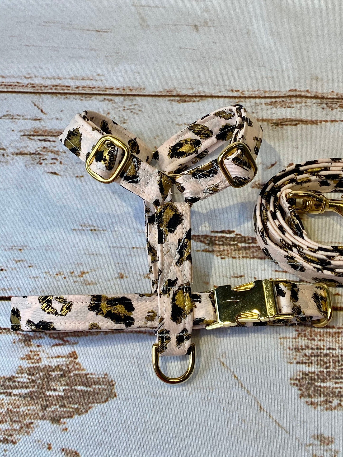 Dog harness, Harness and leash, step in harness, standard harness, dog harness set, brass hardware, pink leopard, adjustable dog harness