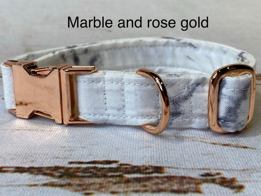 Dog Collar, adjustable collar, metal buckle, washable, marble dog collar, rose gold hardware, buckle dog collar, gray and white marble
